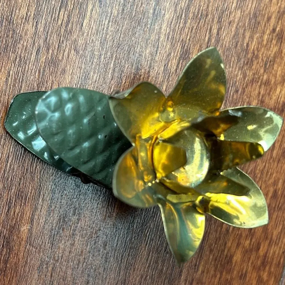 Vintage 1940s Gold & Green Metal Floral Clip-On Christmas Tree Candle Ornaments